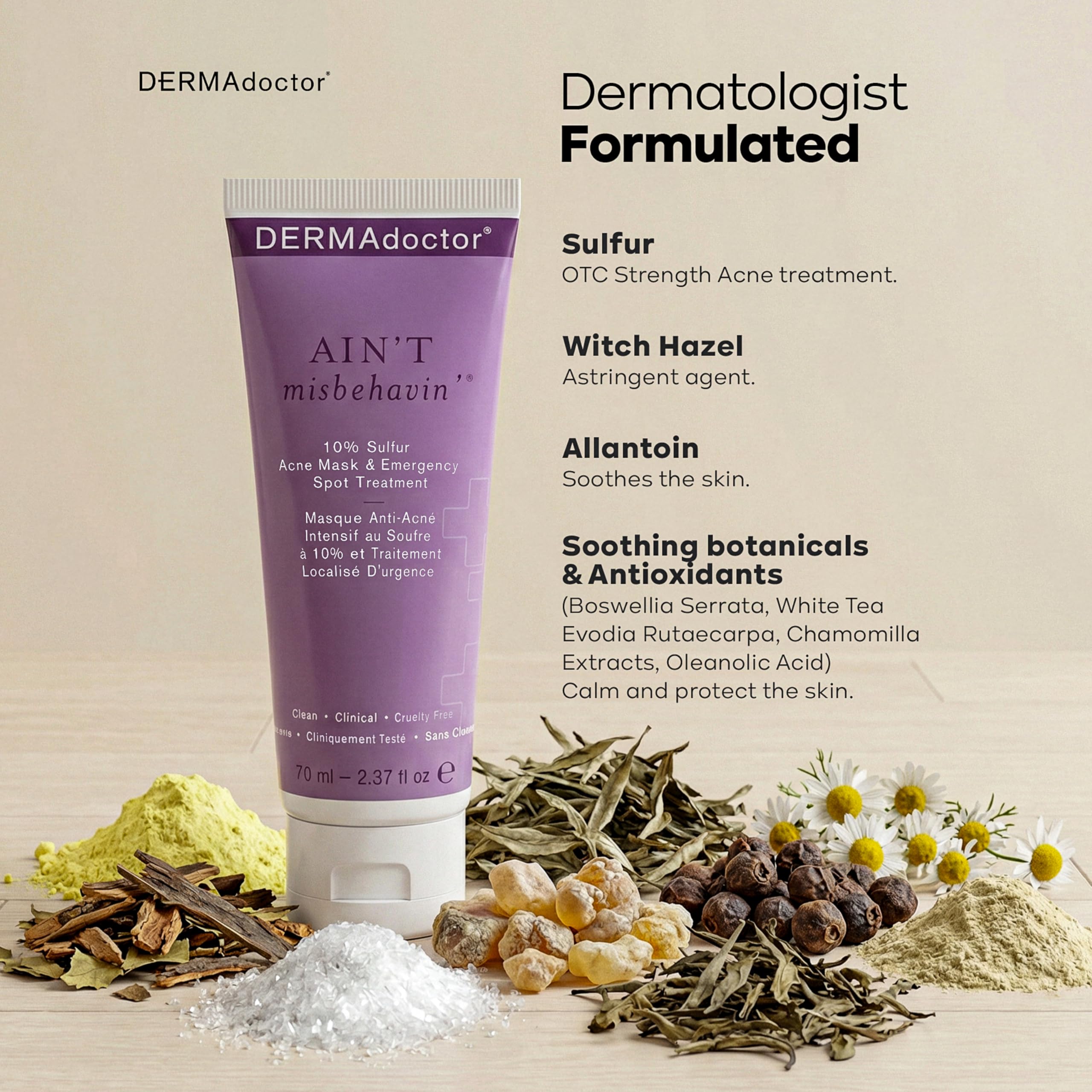 DERMAdoctor Ain't Misbehavin sulfur mask calms blemish-prone skin with botanicals.