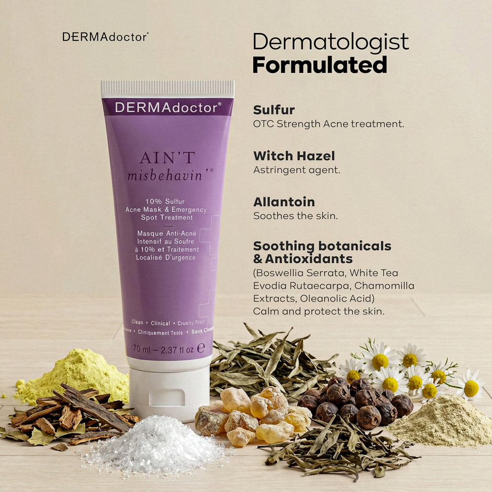 DERMAdoctor Ain't Misbehavin sulfur mask calms blemish-prone skin with botanicals.