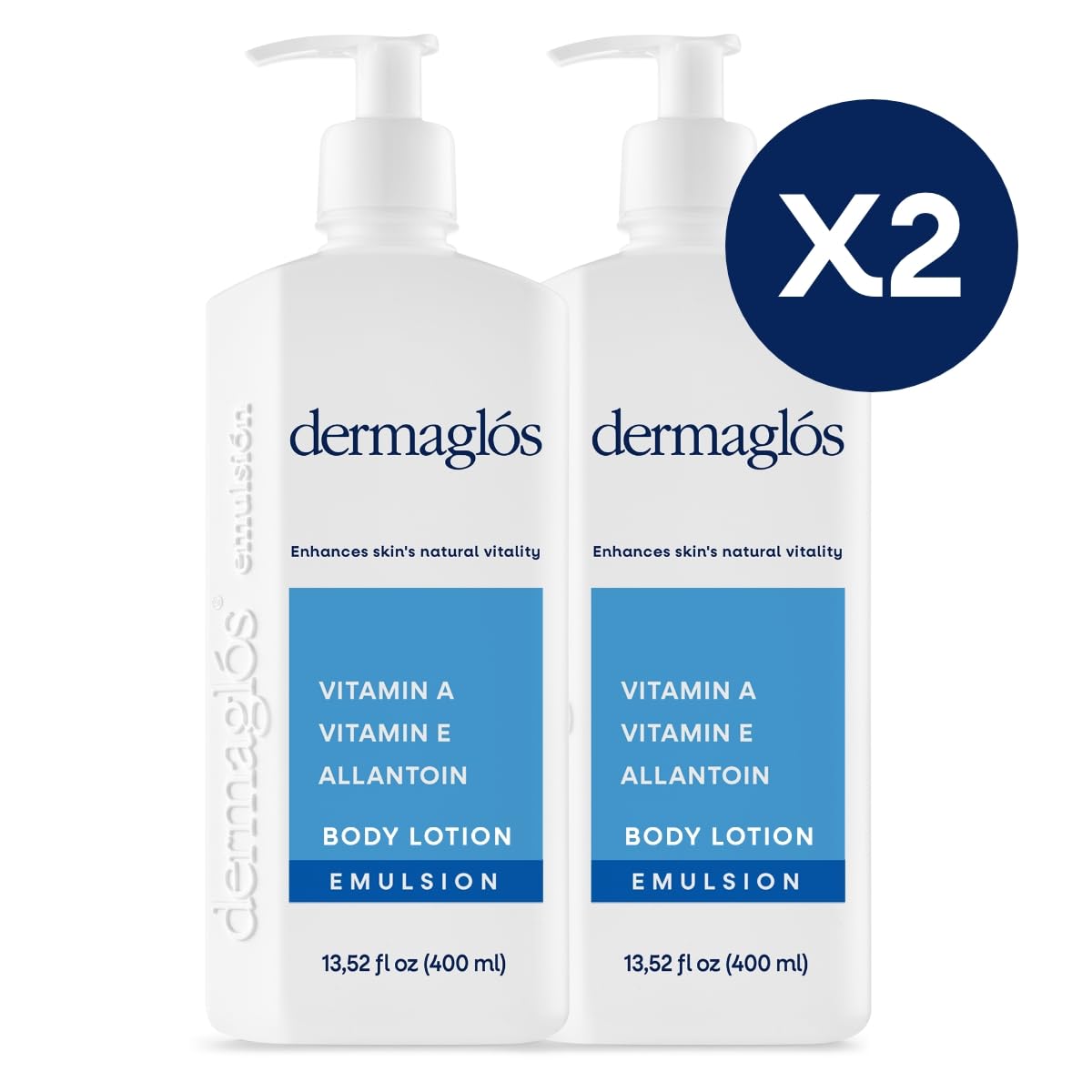 Dermaglós packaging highlights value and long-lasting hydration.