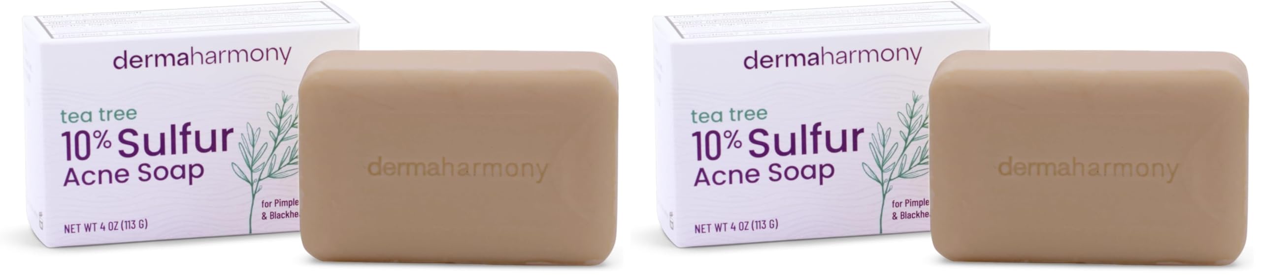 Dermaharmony 10% sulfur acne bar soap with tea tree oil—pack of two, clean and natural