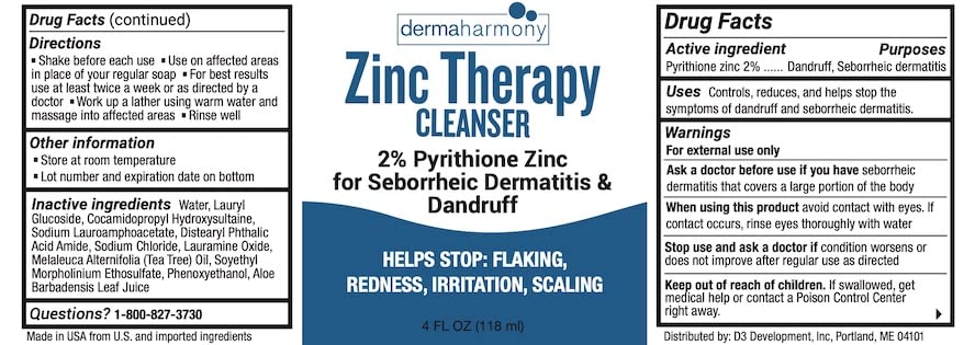 Dermaharmony 2% zinc liquid cleanser back label highlighting sulfate-free formula for sensitive skin.
