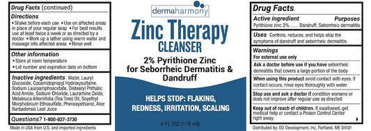 Dermaharmony 2% zinc liquid cleanser back label highlighting sulfate-free formula for sensitive skin.