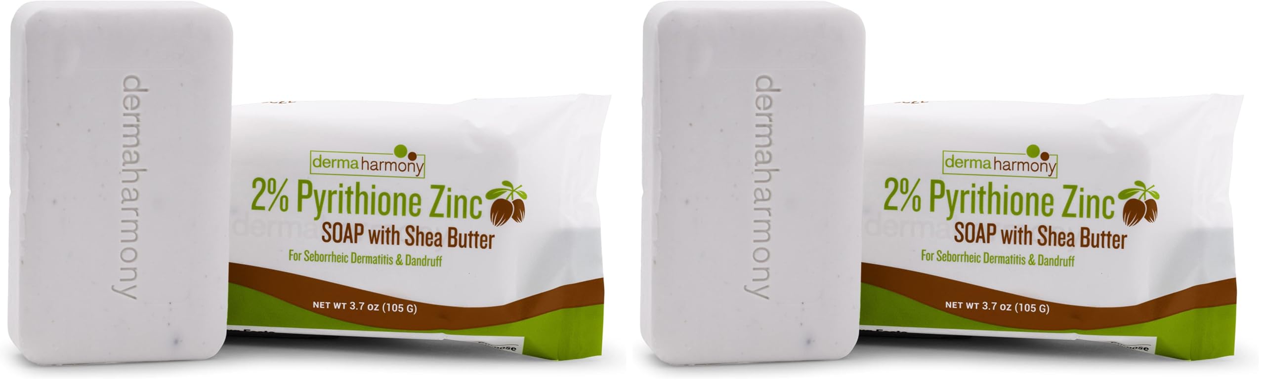 DermaHarmony 2% zinc bar soap in a two-pack for sensitive skin and daily cleansing.