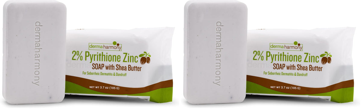 DermaHarmony 2% zinc bar soap in a two-pack for sensitive skin and daily cleansing.
