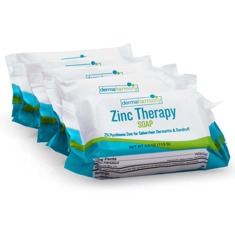Dermaharmony 5-pack 2% zinc soap bar front view for gentle daily cleansing.