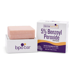 Dermaharmony 5% BPO cleansing bar unwrapped; fragrance-free and plant-based.