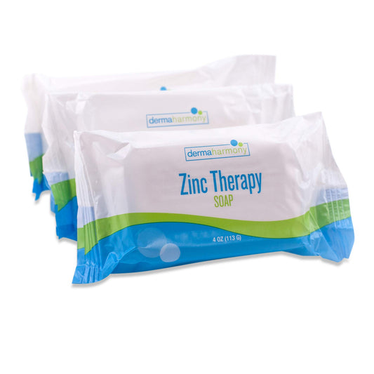 DermaHarmony Pyrithione Zinc Therapy Soap bar front label, addressing scalp and facial irritation.