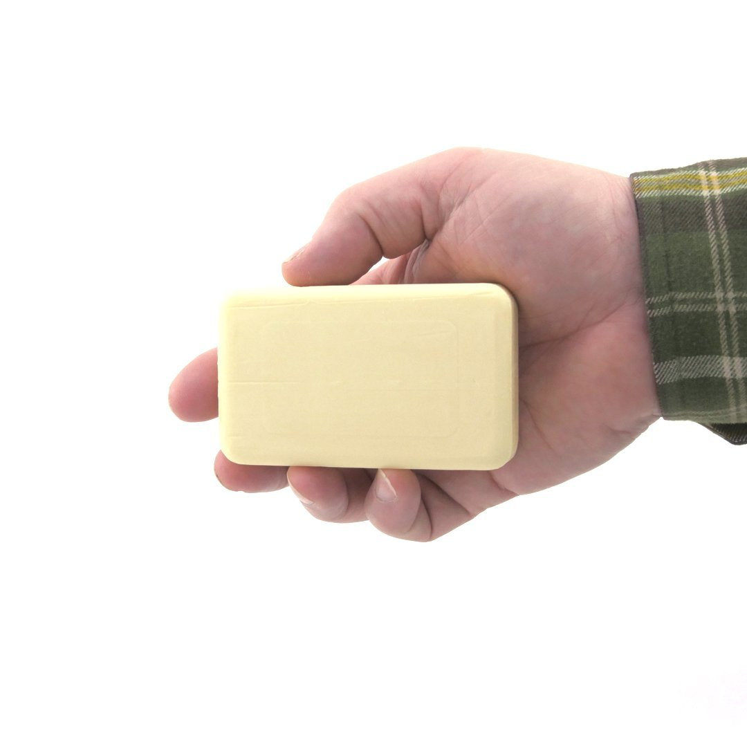 Foaming Dermaharmony sulfur-salicylic bar soap during lather application.