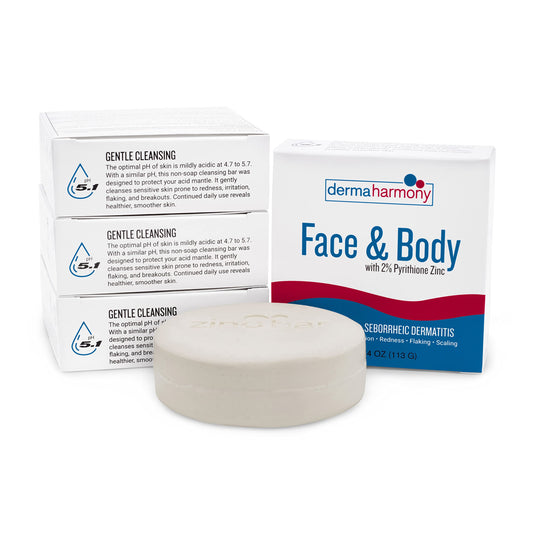 DermaHarmony unscented cleansing bar for face and body, gentle on sensitive skin.