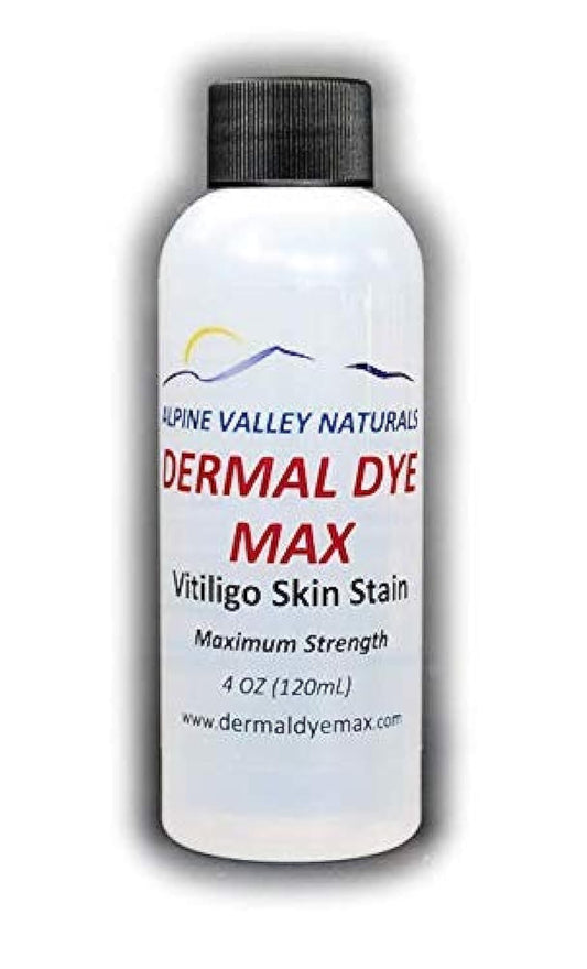 Dermal Dye Max vitiligo stain bottle showing waterproof formula for even skin darkening.