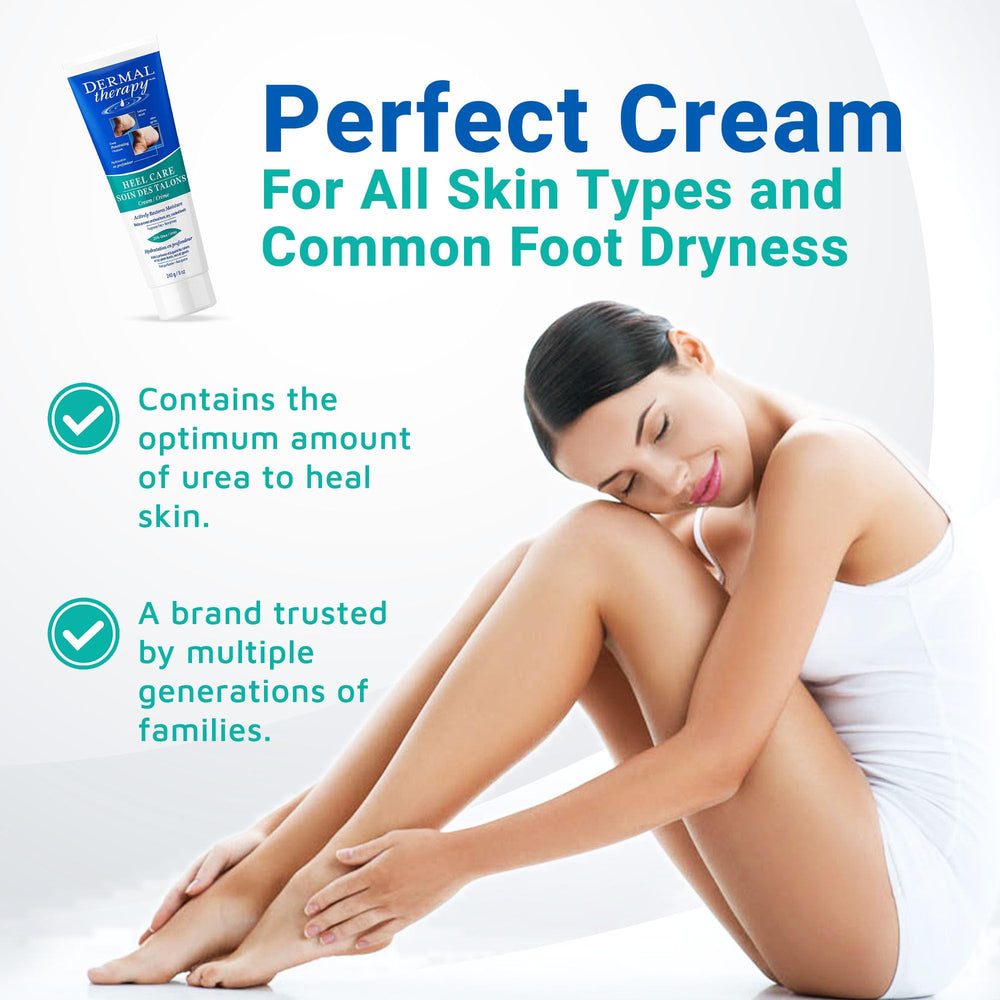 Dermal Therapy Heel Care Cream shown on heels and calluses for smoothing.