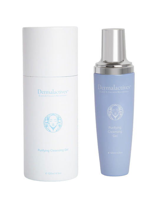 Dermalactives Purifying Cleansing Gel close-up showing foamy makeup removal action.