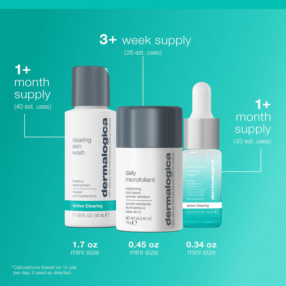 Dermalogica Clear and Brighten Kit travel-size bottles enable convenient on-the-go routine.