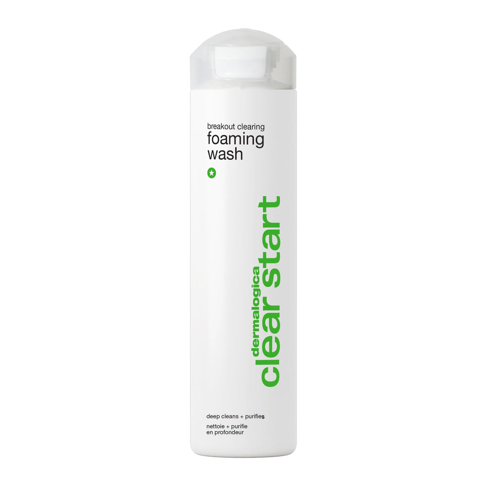 Dermalogica Clear Start foaming wash bottle shows deep-clean formula for clearer pores