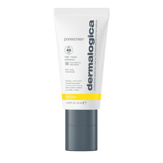Dermalogica Porescreen SPF 40 bottle with sheer tint for radiant skin.