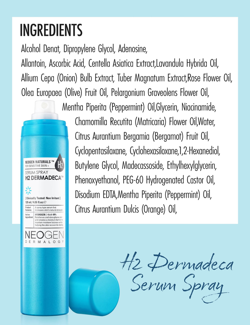Texture-focused Neogen H2 Dermadeca spray on skin for hydrated radiance.