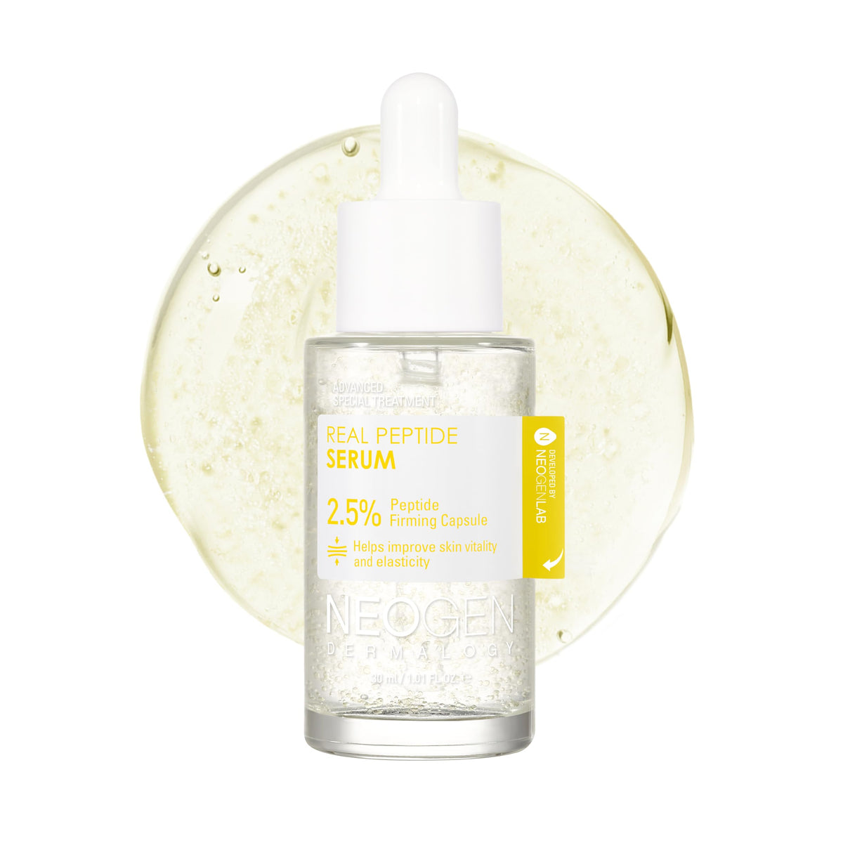 DERMALOGY by NEOGEN Real 2.5% peptide serum bottle promotes firmer, smoother skin