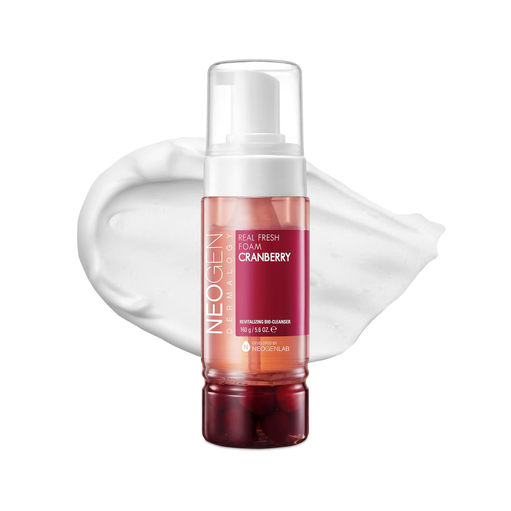 DERMALOGY Real Fresh Foam Cranberry bottle with real fruit infusion for gentle cleansing.