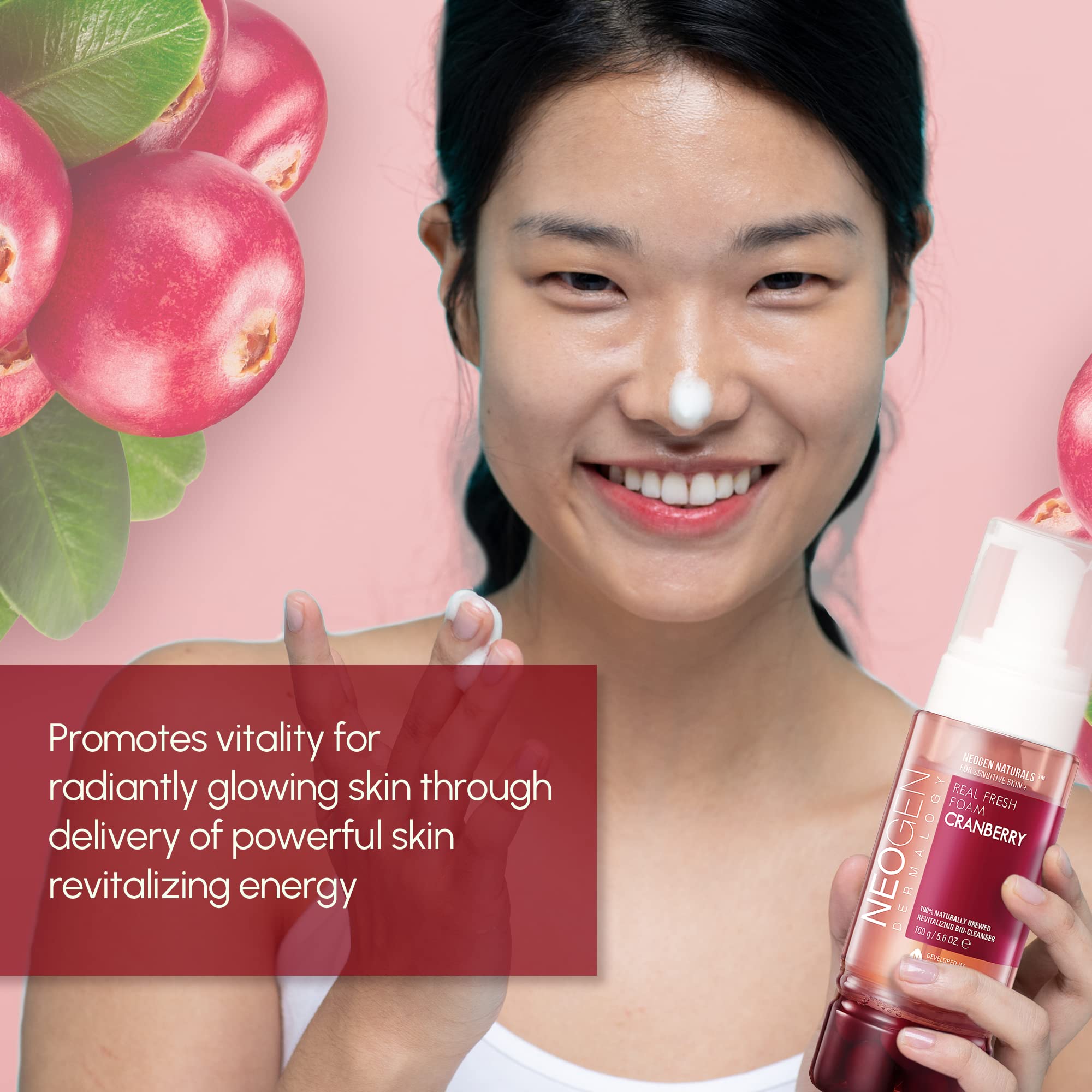 DERMALOGY Real Fresh Foam Cranberry foam close-up shows creamy cleansing texture.