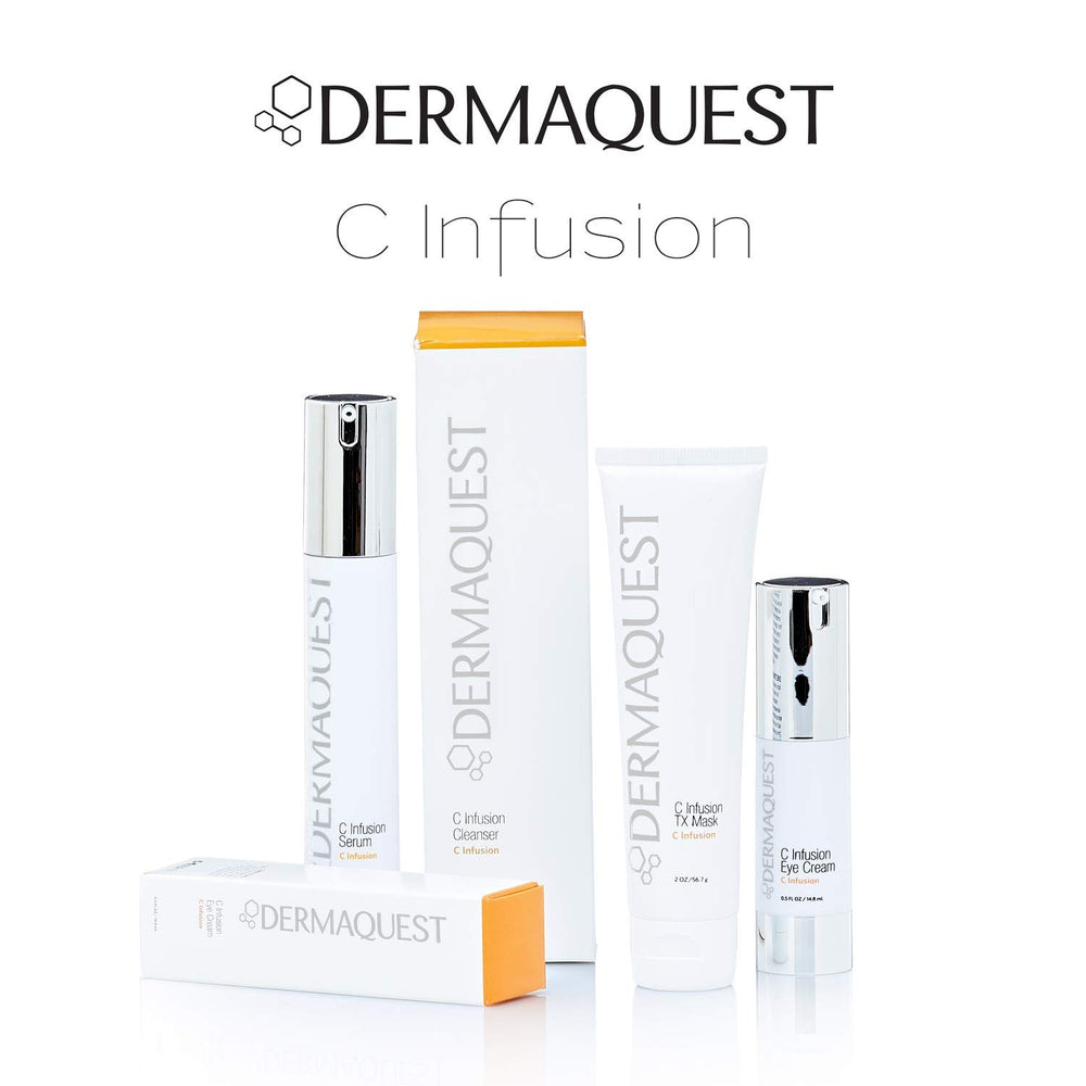 6oz DermaQuest C Infusion Cleanser bottle on display with hydrated skin