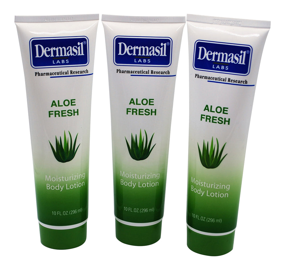 Dermasil Aloe Fresh Moisturizing Body Lotion 10 oz tubes, pack of 3 for convenient hydration.