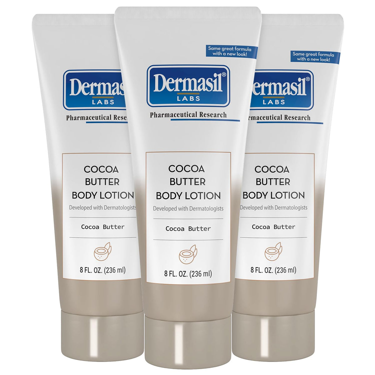 Dermasil Cocoa Butter Body Lotion 3-Pack on display for daily non-greasy moisture.