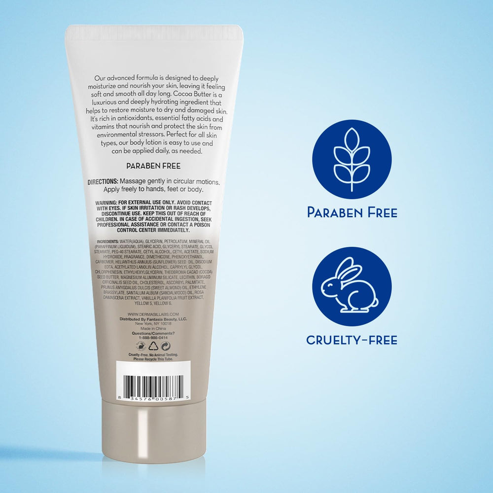 Dermasil Cocoa Butter Body Lotion texture close-up shows fast-absorbing hydration.