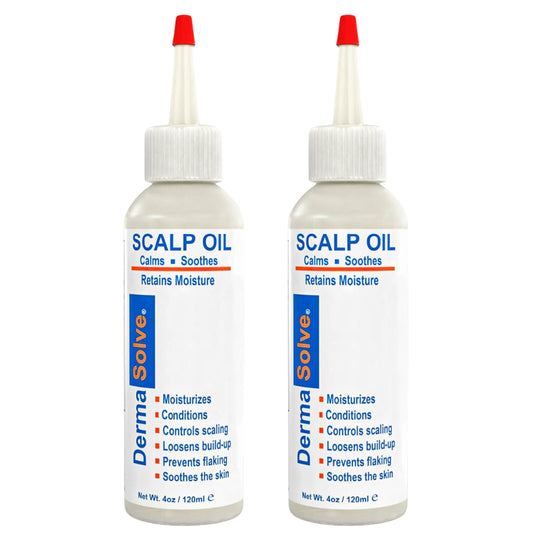 Dermasolve Psoriasis & Dandruff Oil bottle closeup highlighting premium scalp care