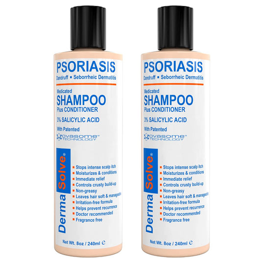 Dermasolve shampoo bottle close-up highlighting medicated scalp care and soothing relief