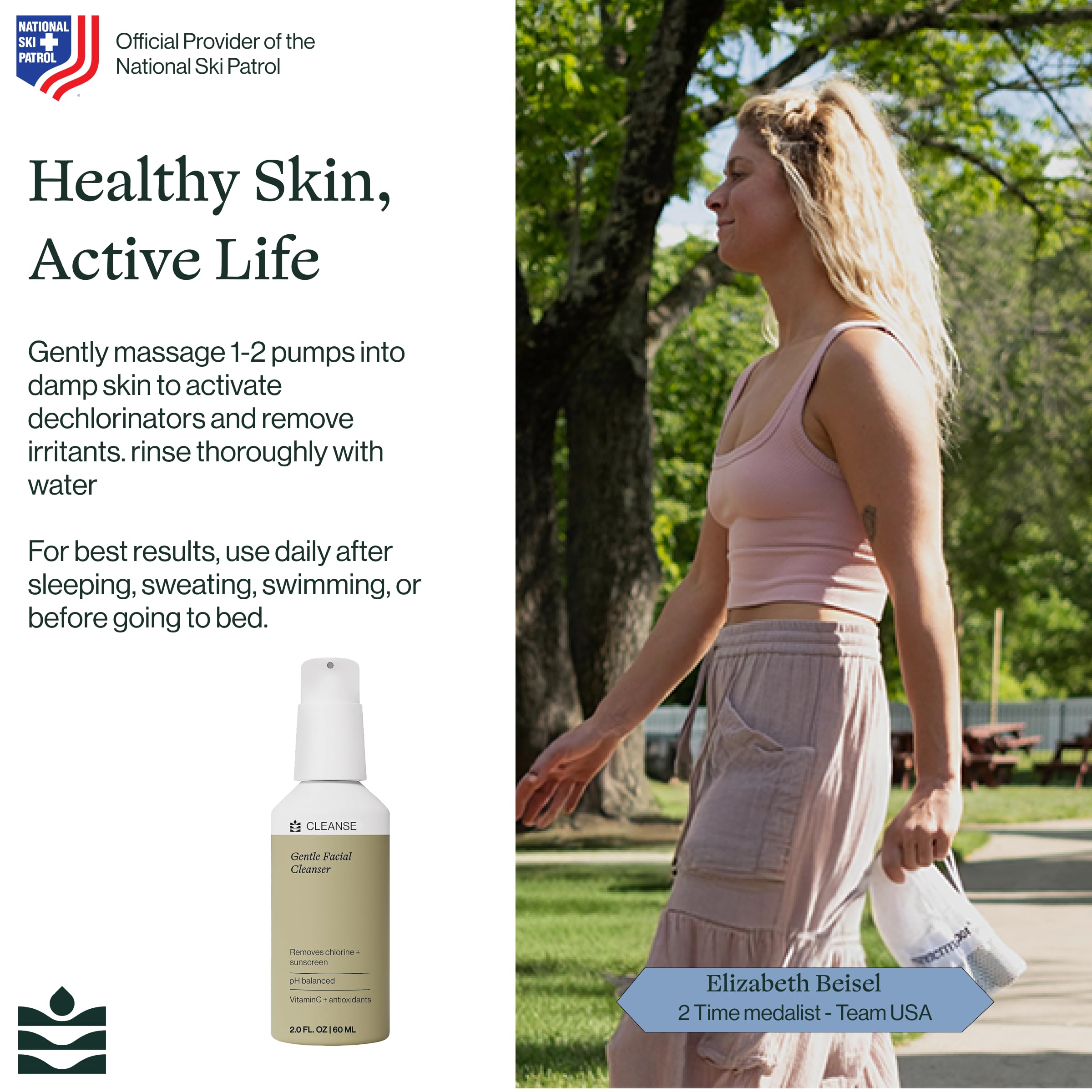 Dermasport Cleanser removing sunscreen and chlorine while hydrating skin.