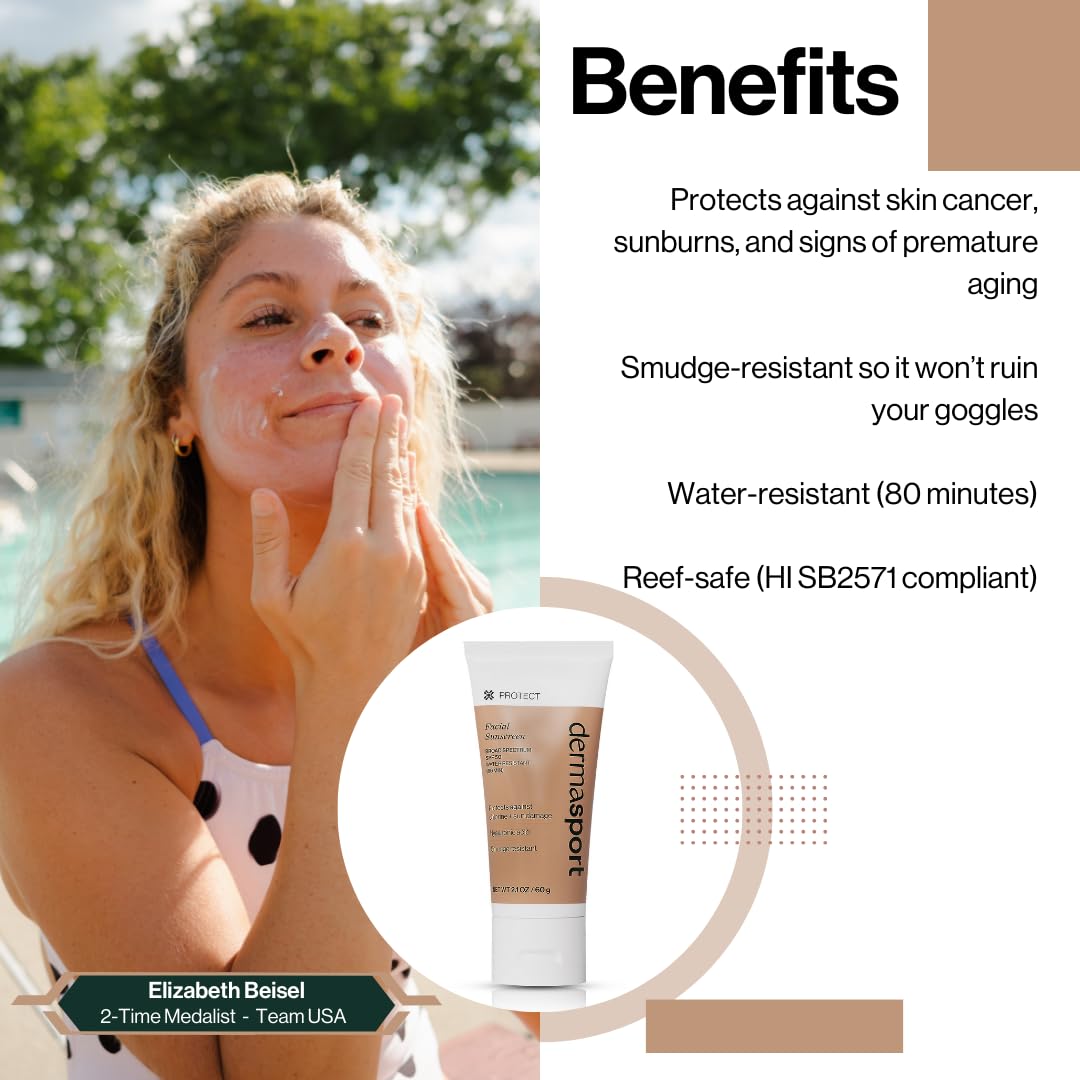 Dermasport SPF 50 sunscreen back view highlighting water resistance.