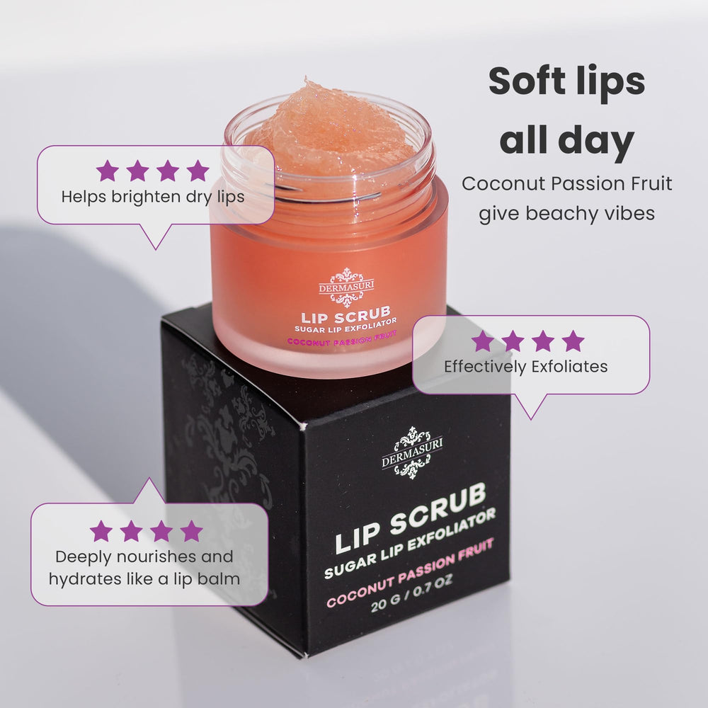 Dermasuri lip exfoliator application close-up showing hydration.