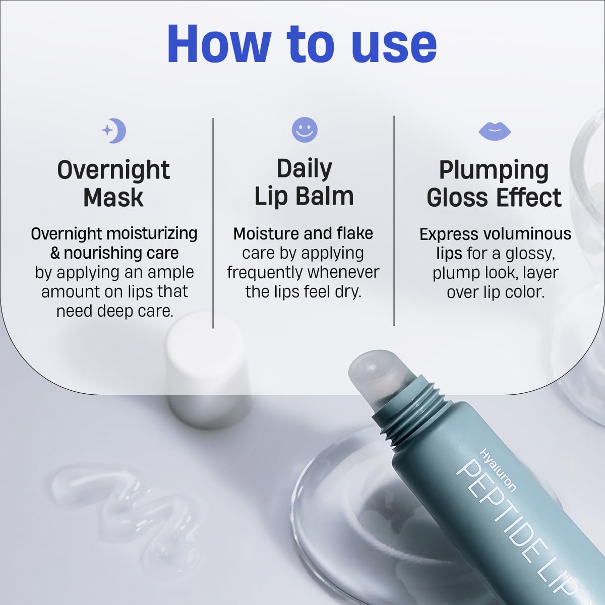 DERMATORY Hyalluron Peptide Volume Lip Mask Balm ingredients close-up highlighting nourishing actives.