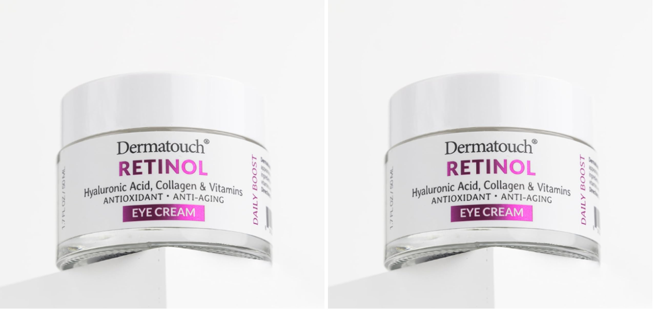 DERMATOUCH Retinol Eye Cream bottle close-up highlighting hydration texture.