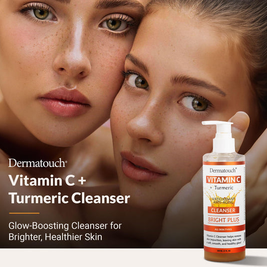 DERMATOUCH Vitamin C Cleanser foam close-up shows gentle lather for all skin types.