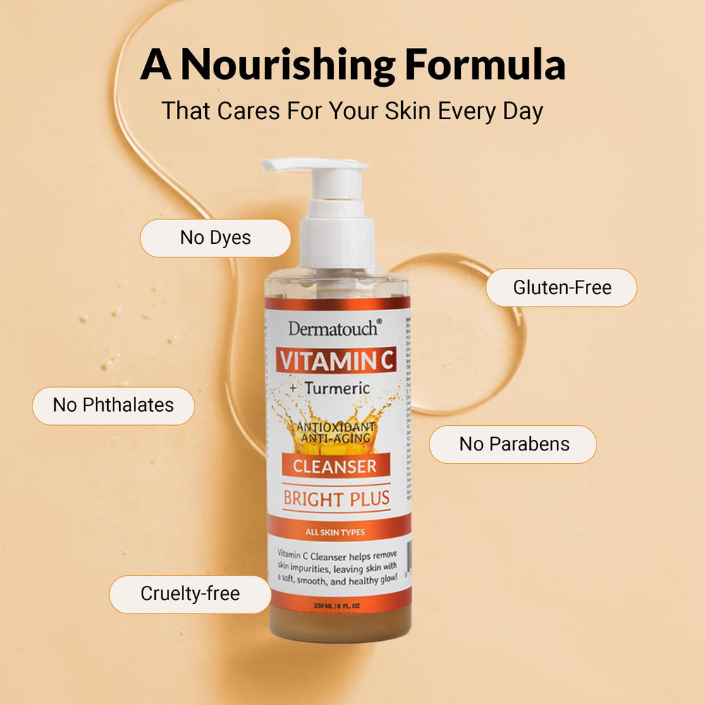 DERMATOUCH Vitamin C Cleanser turmeric close-up emphasizes antioxidant-infused formula.