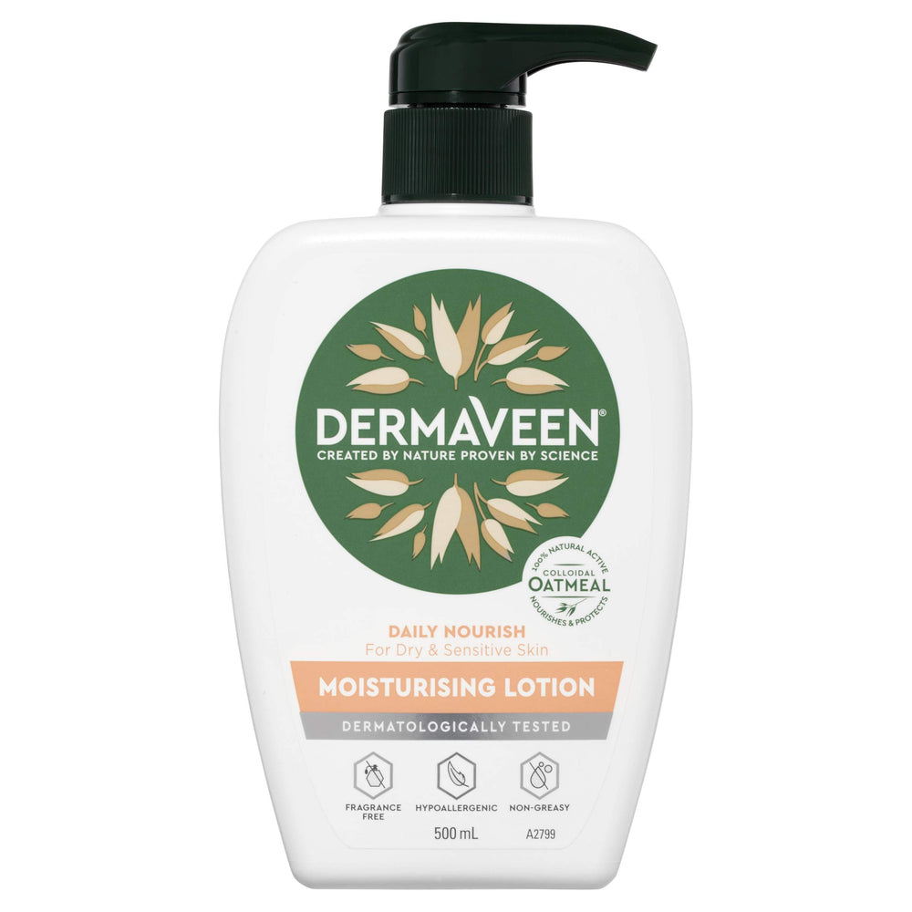 Dermaveen Moisturising Lotion 500ml bottle shows lightweight hydration for face and body.