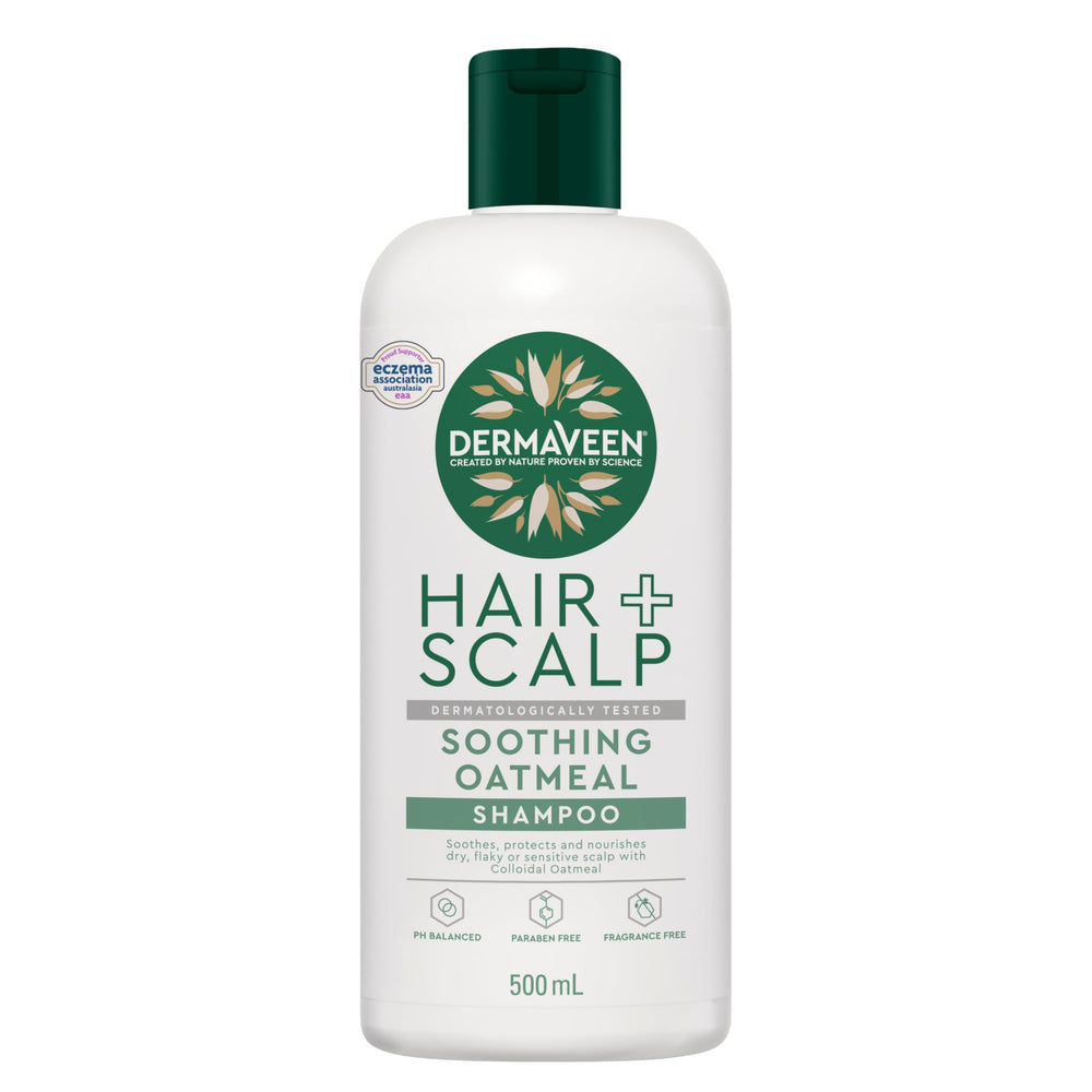 Dermaveen Oatmeal Shampoo 500ml bottle on bathroom shelf for daily scalp care.