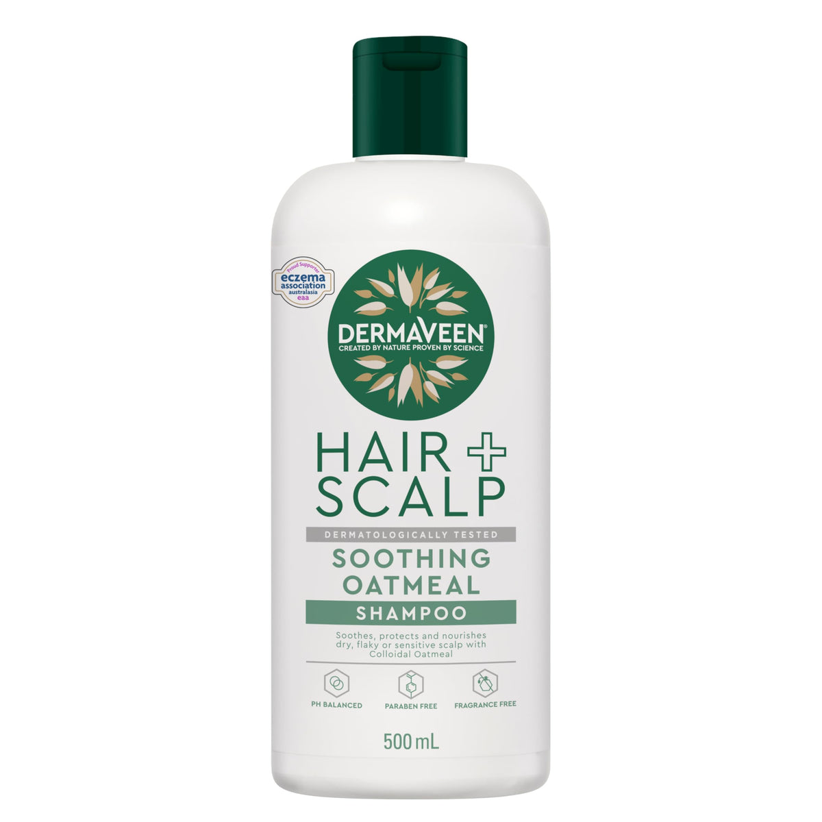 Dermaveen Oatmeal Shampoo 500ml bottle on bathroom shelf for daily scalp care.