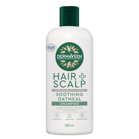 Dermaveen Oatmeal Shampoo 500ml bottle on bathroom shelf for daily scalp care.