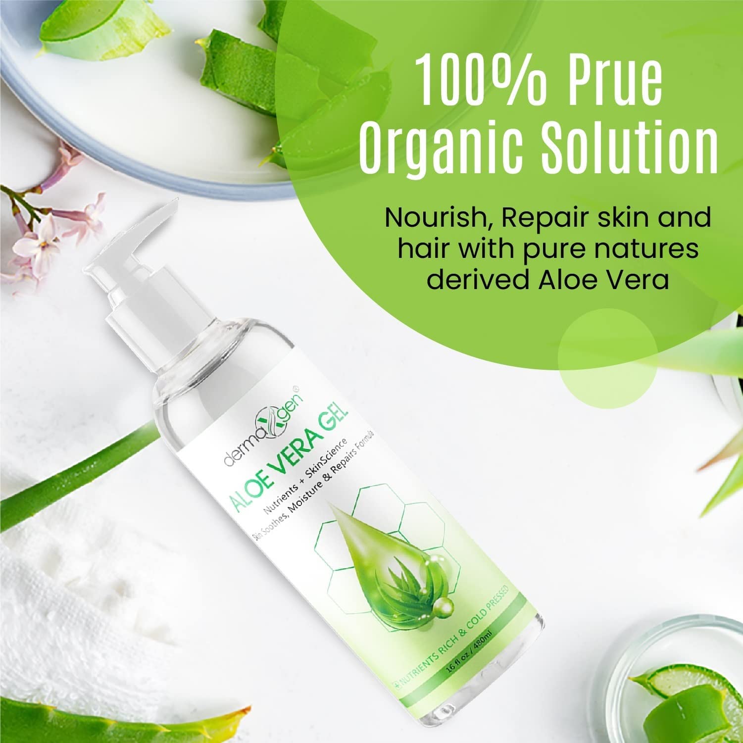 Dermaxgen Aloe gel on face promotes hydration and softness.