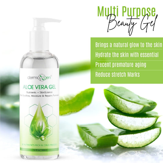 DERMAXGEN Aloe Vera Gel with Vitamin C brightens and hydrates the complexion.