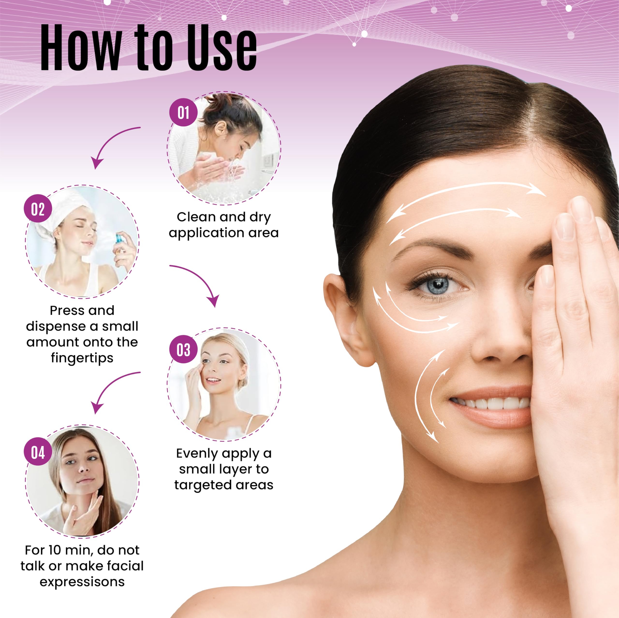 DERMAXGEN skin tightening cream on forehead highlights lifting and firming effect.