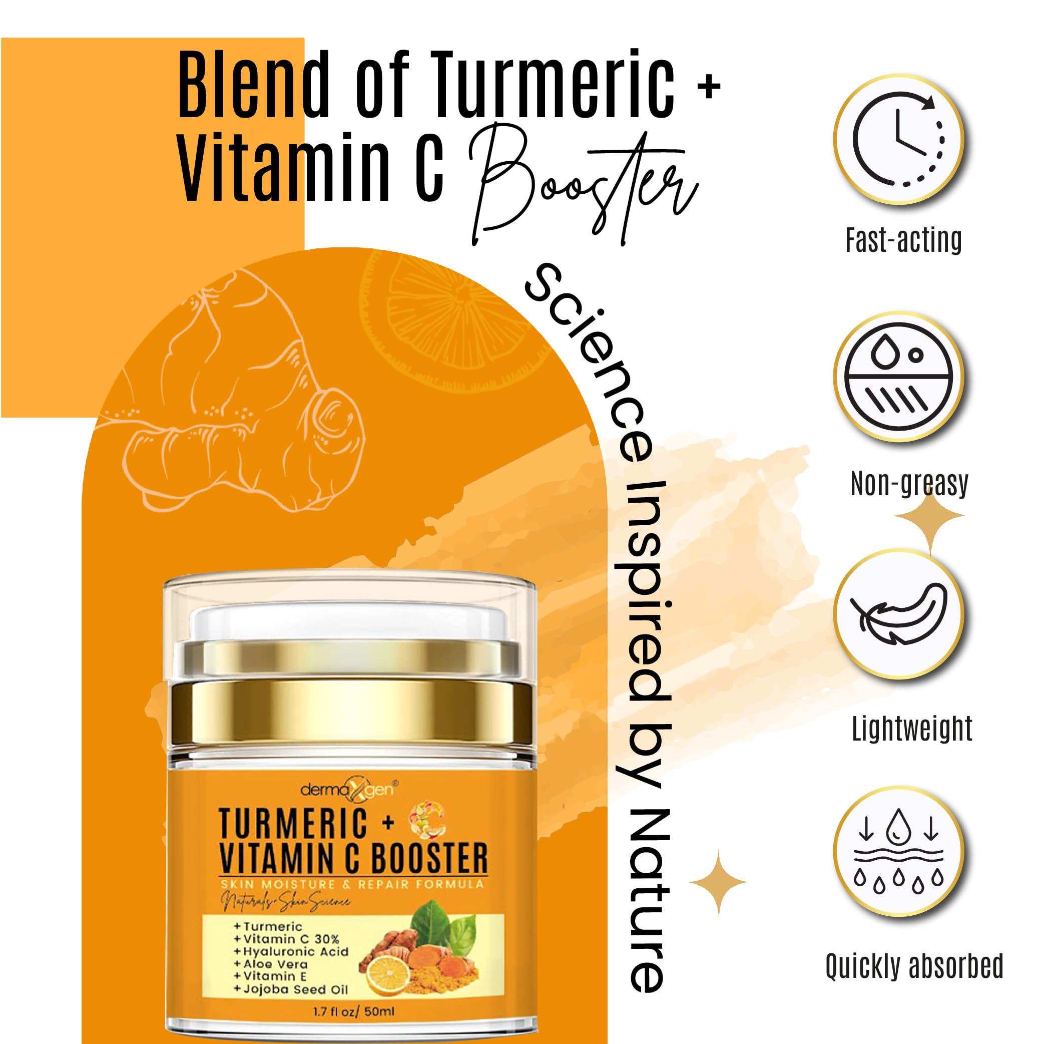 DERMAXGEN Turmeric cream open jar highlights clean, plant-based ingredients.