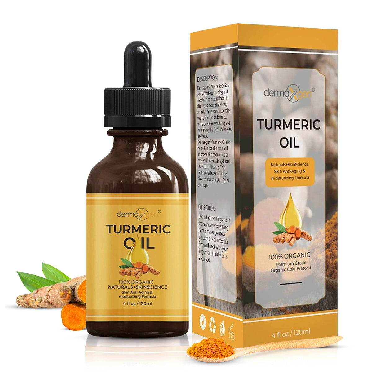DERMAXGEN turmeric oil bottle close-up showing glow for radiant skin