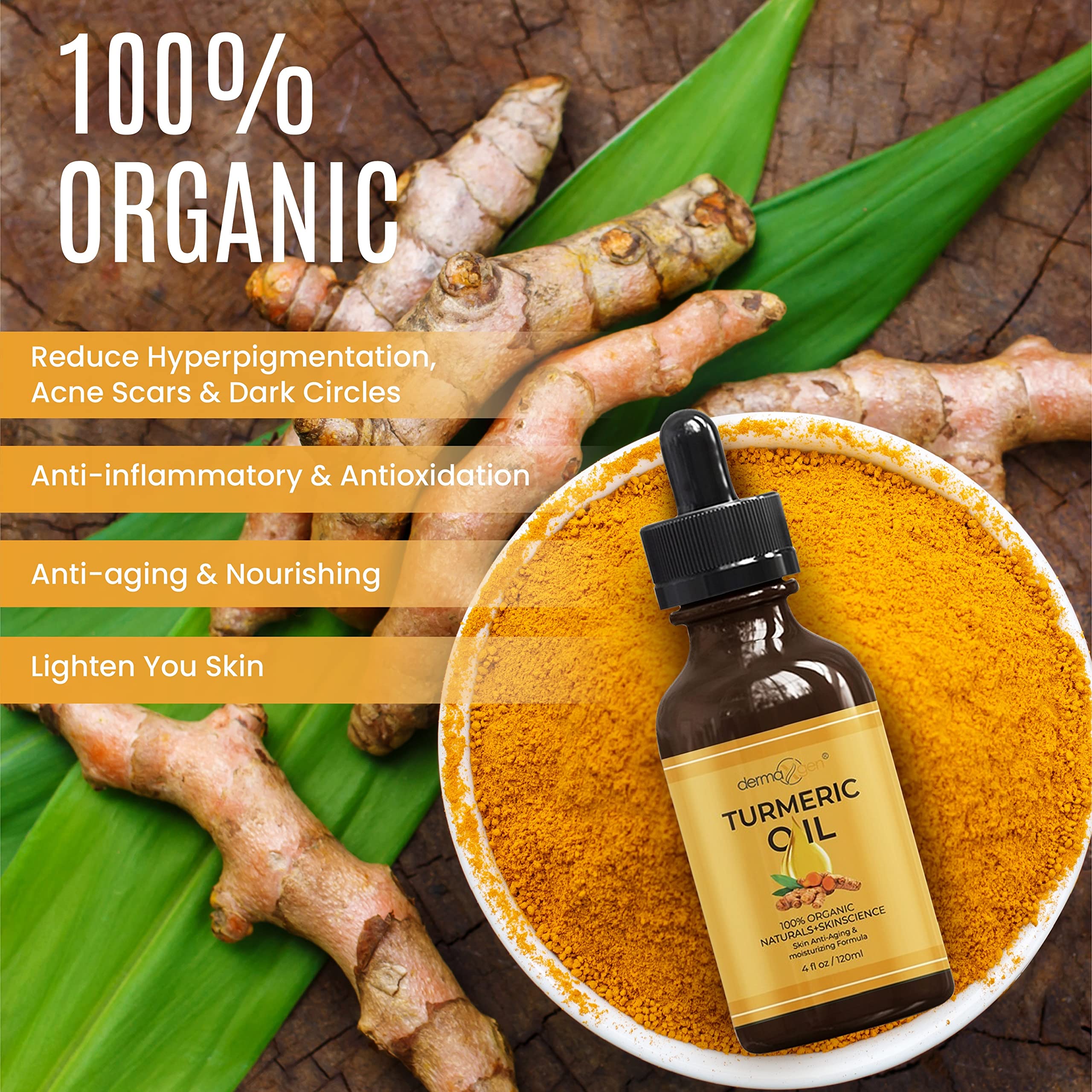 DERMAXGEN turmeric oil packaging highlights organic ingredients