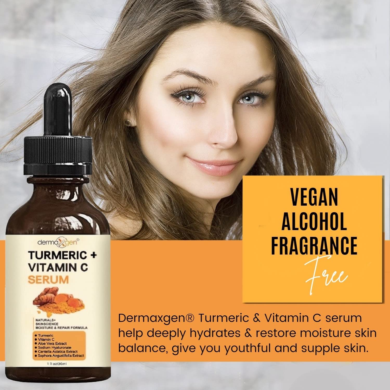 DERMAXGEN Turmeric Serum in a bathroom setting suggests a morning routine.
