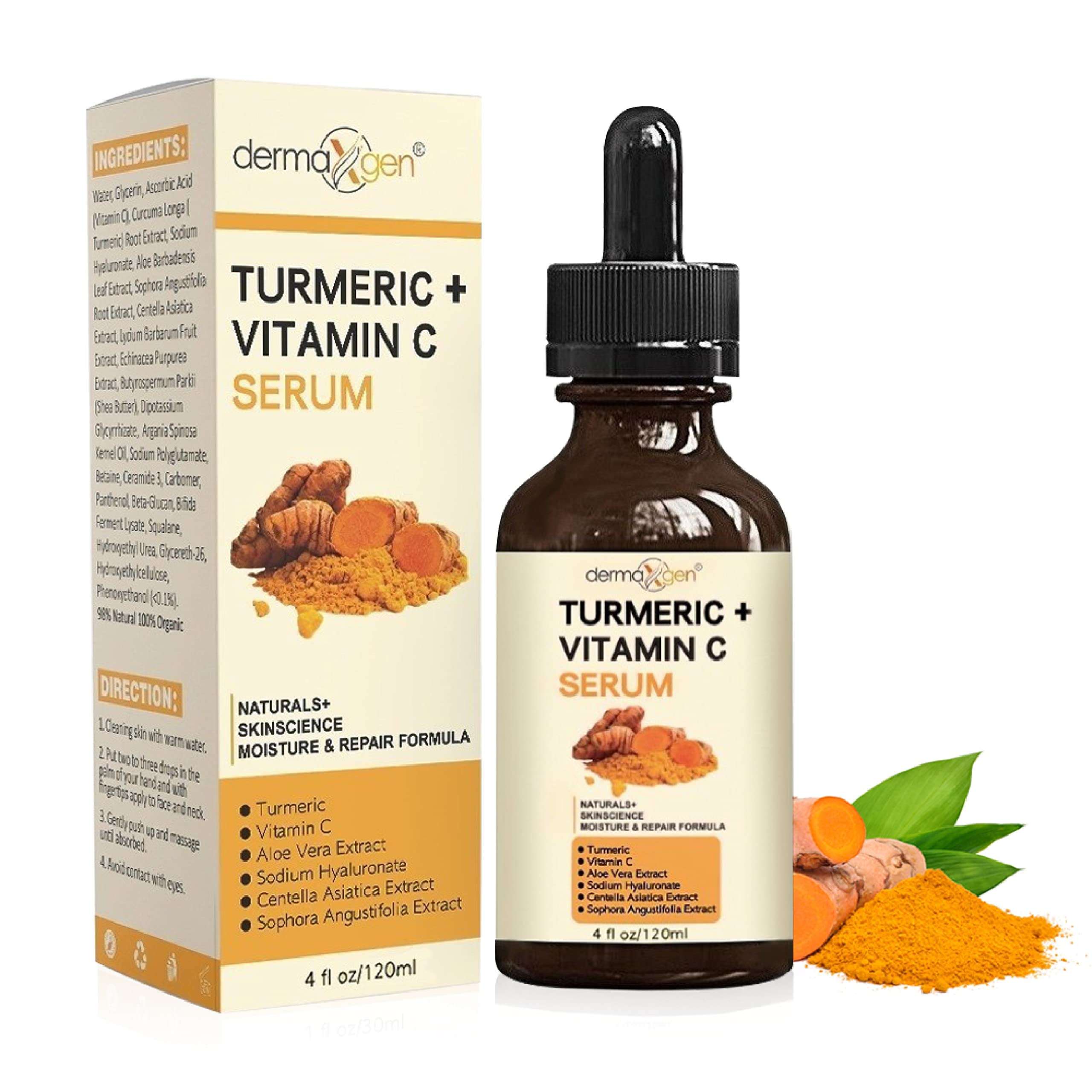 DERMAXGEN turmeric serum bottle close-up for radiant skin