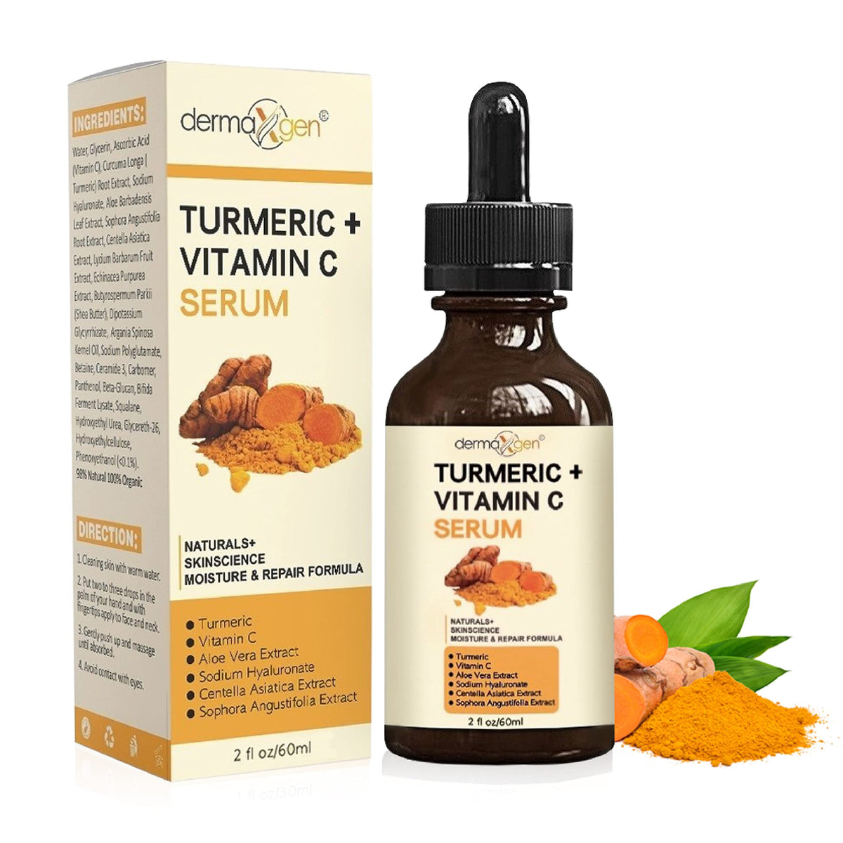 DERMAXGEN Turmeric Serum bottle closeup for radiant, glowing skin.