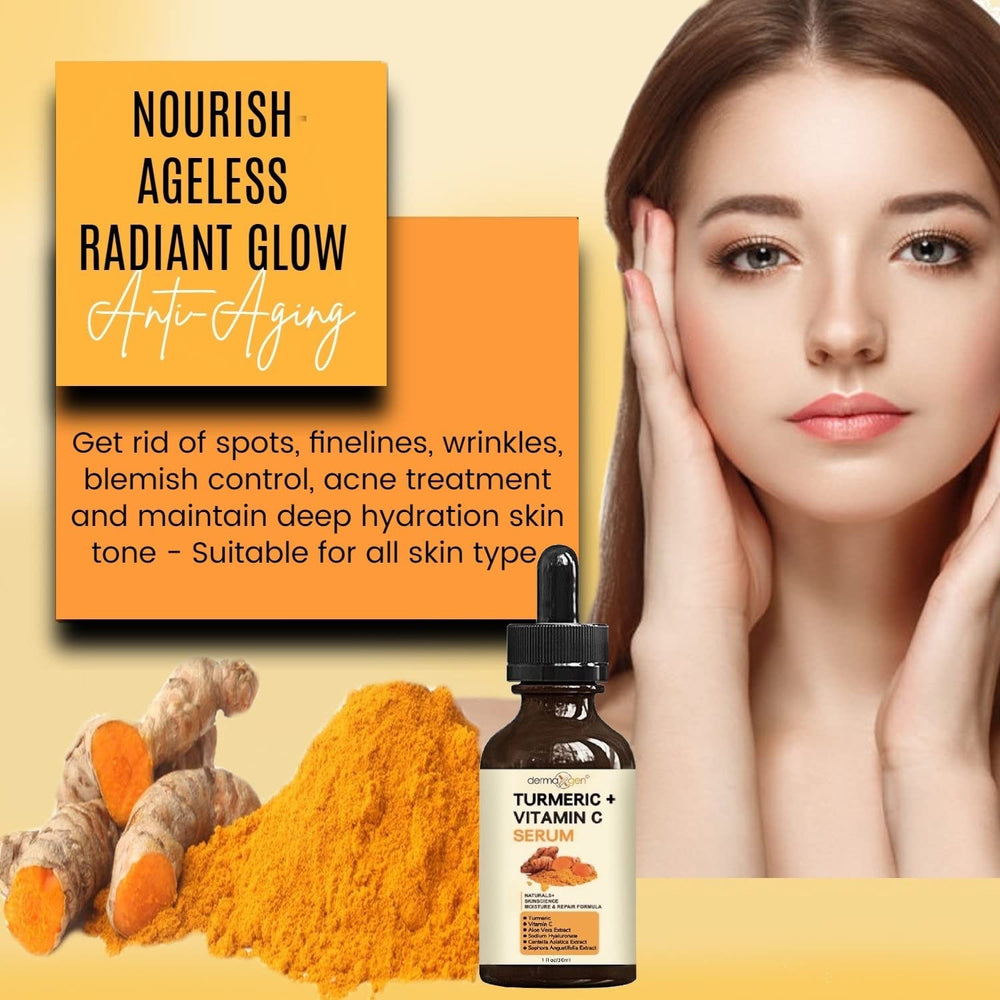 DERMAXGEN Turmeric Serum closeup bottle highlights universal skin-type suitability.